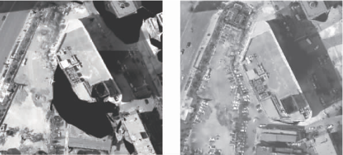 未利用傾斜影像修補(bǔ)存在黑洞圖(左)、利用傾斜影像修補(bǔ)后的TDOM圖(右)